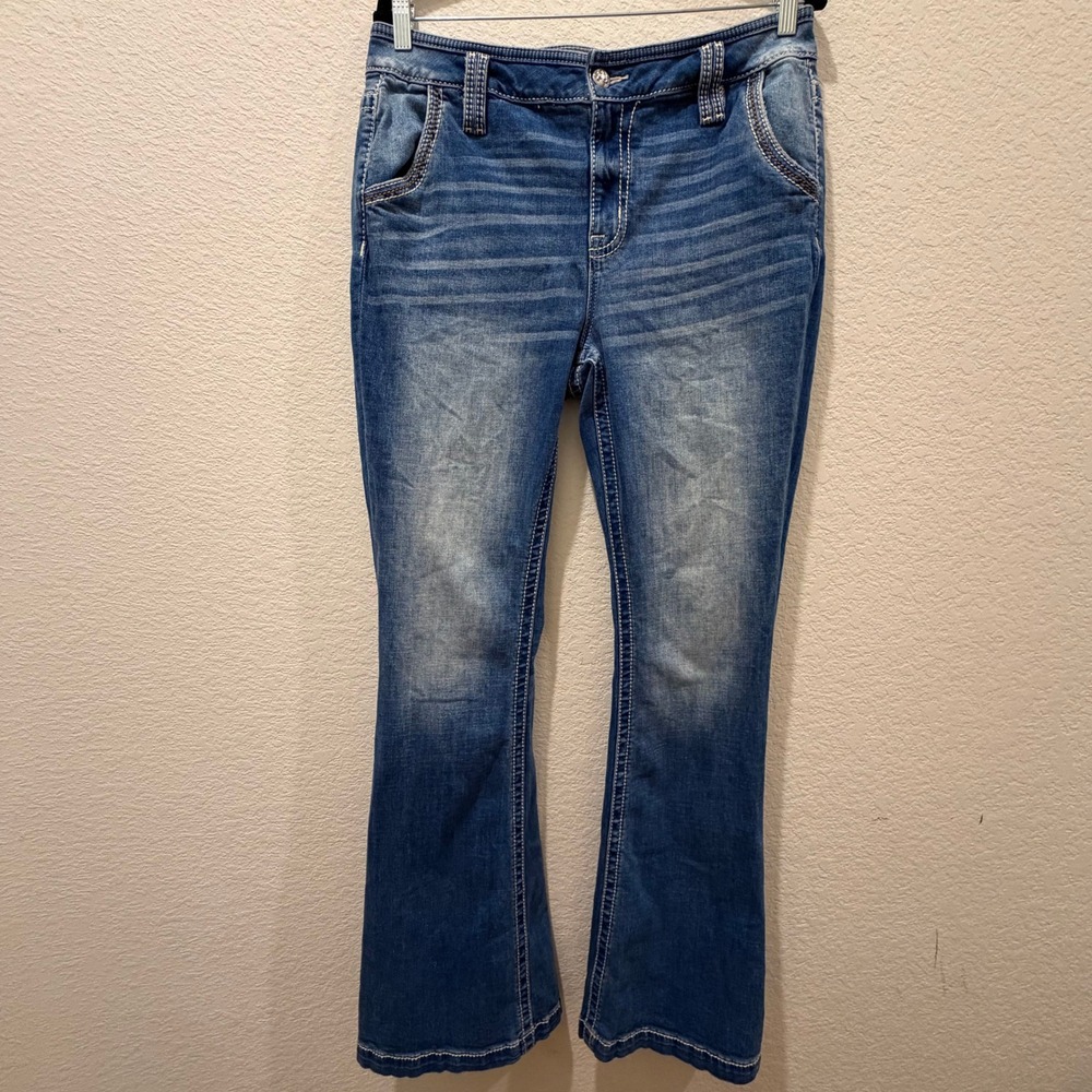 Miss Me Los Angeles Bootcut Jeans Medium Wash Blue Embroidered Flap Pocket 31